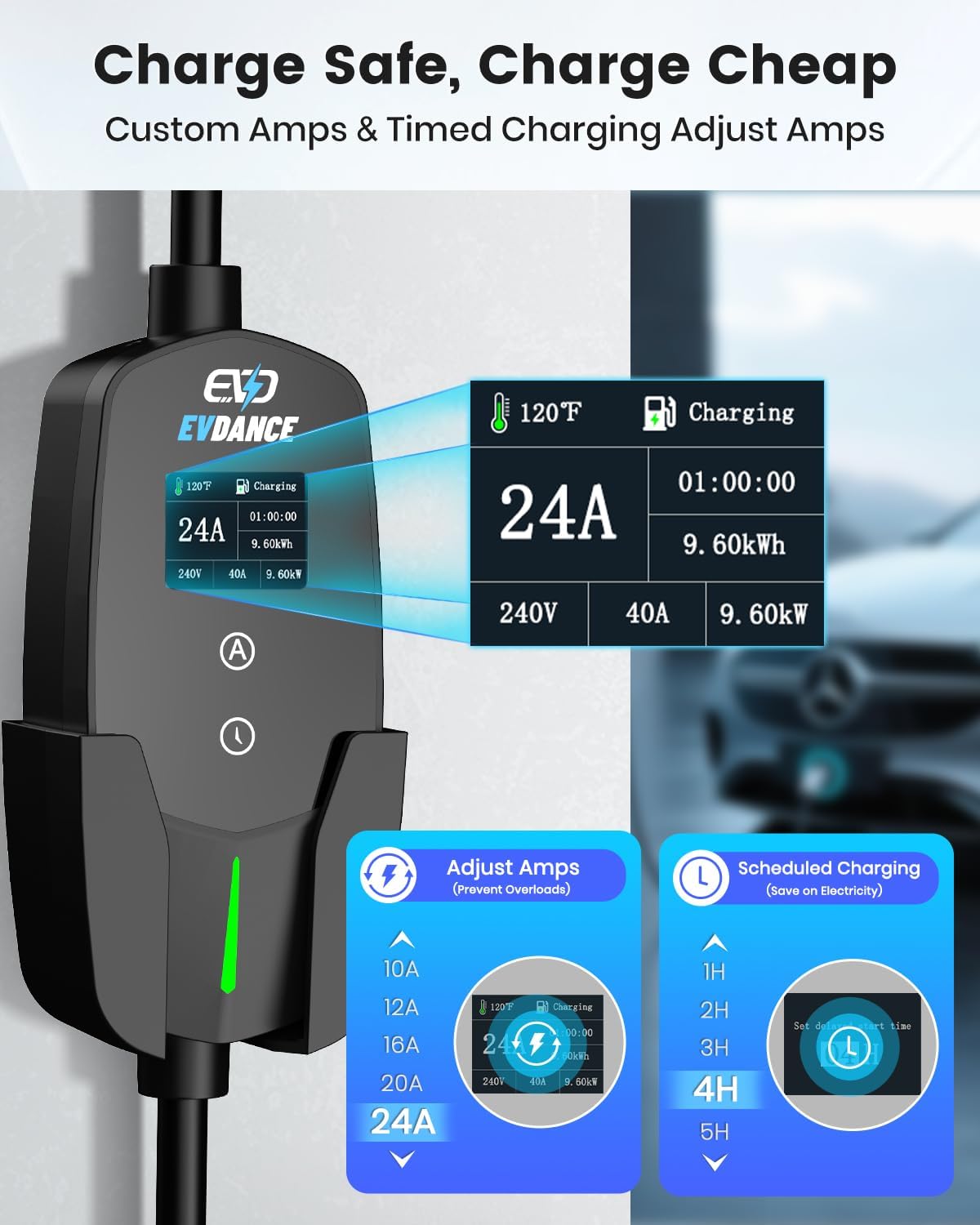 Level 2 EV Charger 24Amp 240V - NEMA 14-30P Charging Station, 25FT Cable for Home/Garage, J1772 Electric Vehicles & Adjustable Current (10-24A) (for J1772(Non-Tesla Evs), NEMA 14-30 Plug)
