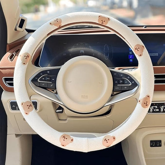 Wheel Cover Flax Microfiber Steering Wheel Covers for Women Fit 15 inch Car Cute Bow Tie Anti-Slip Breathable Absorbing Sweat Cover (Type-O-Bear)