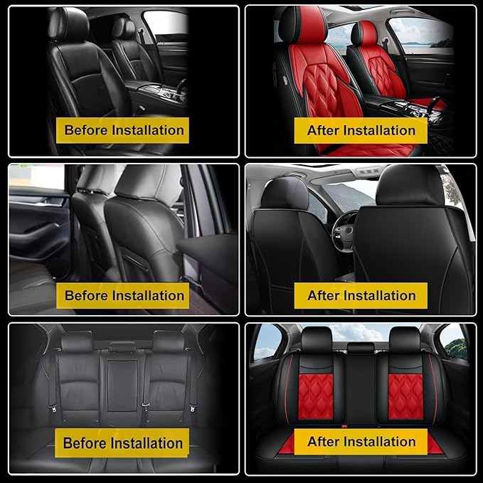 AOMSAZTO Car Seat Covers,Full Set 5 Seats Custom Fit for Ford Taurus 2002-2019,Leather Carseat Automotive Cushion Covers Seat Protector,Airbag Compatible Waterproof Black&Red