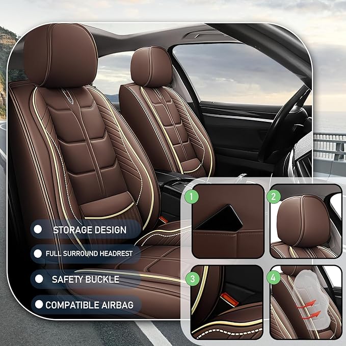 Leather Car Seat Covers Fit for Toyota RAV4 Prime 2021-2024, 5 Seater Car Seat Cover, Premium Waterproof, Scratch Resistant Car Interior Accessories (Full Set Coffee)
