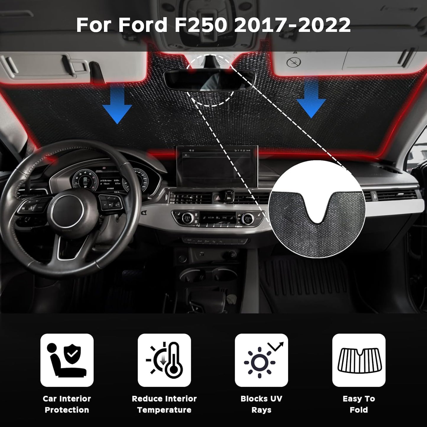 Windshield Sun Shade for 2017-2022 Ford F250 F350 F450 F550 Super Duty - 5-Layer Bubble Foldable Front Window Shade Sun Visor Accessories - Blocks Heat & UV Rays