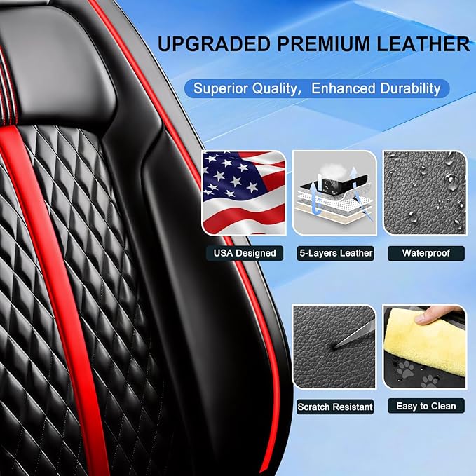 Fit CX-3 Car Seat Covers (Front Pair) for Select Mazda CX3 2016-2024 - Premium Full Coverage Leather, Airbag Compatible & Scratch-Resistant, Waterproof All Weather Seat Protector, Red Trim