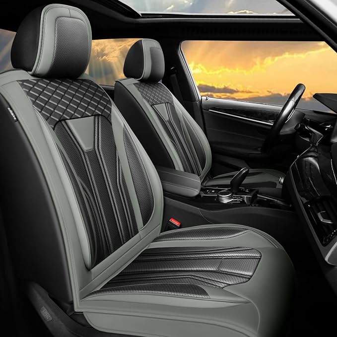 Fit Juke Car Seat Covers Compatible with Nissan Juke 2012-2015 2016 - Full Set Premium Leather， Waterproof Breathable， All-Weather Seat Cushion Protecto&Airbag Compatible （Gray & Black