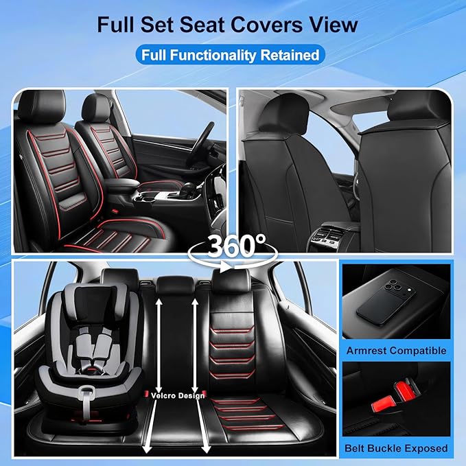 Fit Sonic Car Seat Covers (Front Pair) for Select Chevrolet/Chevy Sonic 2012-2020 - Premium Full Coverage Leather, Airbag Compatible, Waterproof & All Weather Seat Cushion Protector, Red Trim
