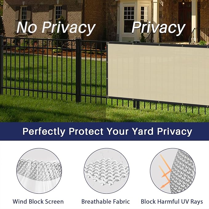 Windscreen4less Privacy Fence Screen Heavy Duty Windscreen Fencing Mesh Fabric Shade Net Cover with Brass Grommtes for Outdoor Wall Garden Yard Pool Deck, 8'x150' Beige