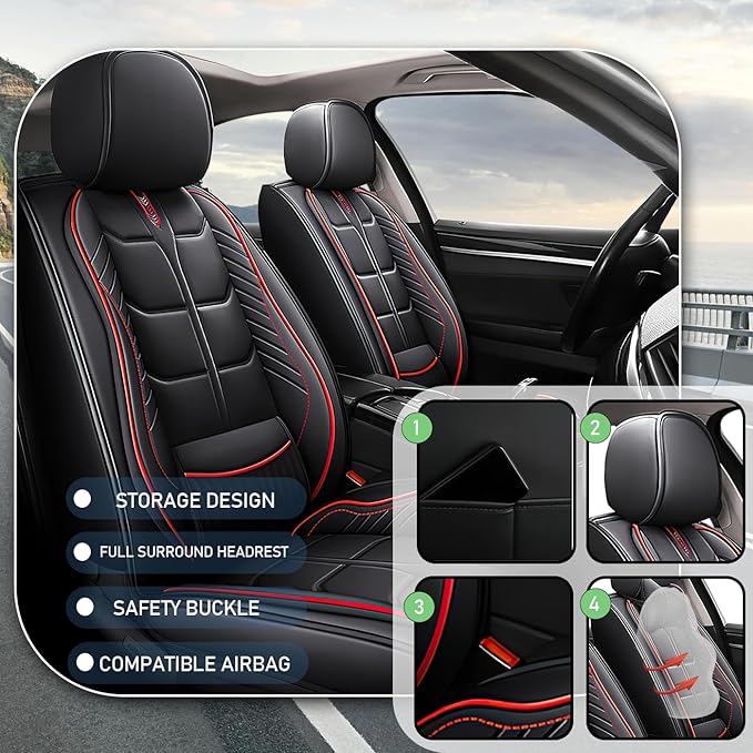 Leather Car Seat Covers Fit for Toyota Sequoia 2001-2024, 5 Seater Car Seat Cover, Premium Waterproof, Scratch Resistant Car Interior Accessories (Full Set Black Red)