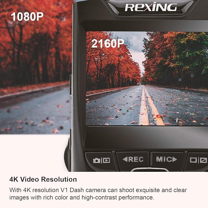 REXING V1 - 4K Ultra HD Car Dash Cam 2.4" LCD Screen, Wi-Fi, 170° Wide Angle Dashboard Camera Recorder with G-Sensor, WDR, Loop Recording, Supercapacitor, Mobile App, 256GB Supported