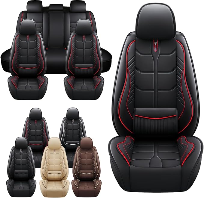Leather Car Seat Covers Fit for Toyota C-HR CHR 2018-2024, 5 Seater Car Seat Cover, Premium Waterproof, Scratch Resistant Car Interior Accessories (Full Set Black Red)