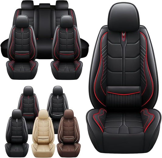 Leather Car Seat Covers Fit for Toyota Camry 2002-2024, 5 Seater Car Seat Cover, Premium Waterproof, Scratch Resistant Car Interior Accessories (Full Set Black Red)
