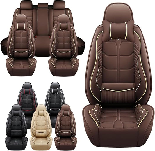 Leather Car Seat Covers Fit for Toyota Prius 2004-2024, 5 Seater Car Seat Cover, Premium Waterproof, Scratch Resistant Car Interior Accessories (Full Set with Pillow Coffee)