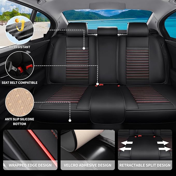 Car Seat Covers Full Set Fit for Toyota RAV4 Hybrid 2016-2026, Premium Faux Leather Car Seat Protector,Breathable Anti-Slip Full Wrapping Edge Seat Covers(Black&Red,Full Set)