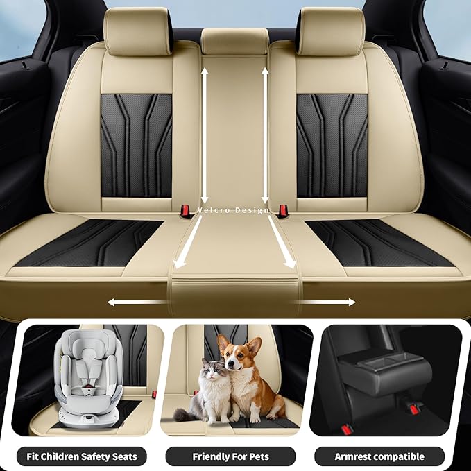 Fit Rogue Car Seat Covers Compatible with Nissan Rogue 2011-2025 2026 - Full Set Premium Leather， Waterproof Breathable， All-Weather Seat Cushion Protecto&Airbag Compatible （Beige & Black