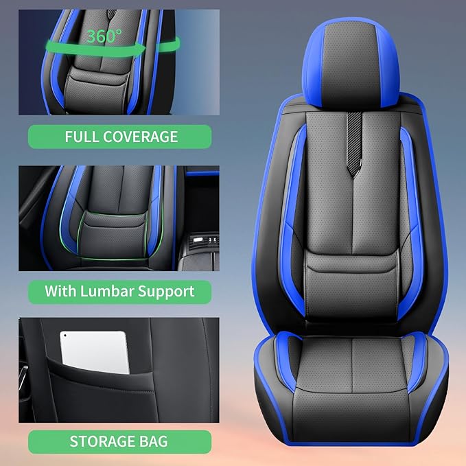Fit Palisade Car Seat Covers for Hyundai Palisade 2000-2025 2026 -Upgraded Premium Waterproof & Breathable Leather,Airbag Compatible,All-Weather Seat Cushion Protector,2 Front/Black-Blue