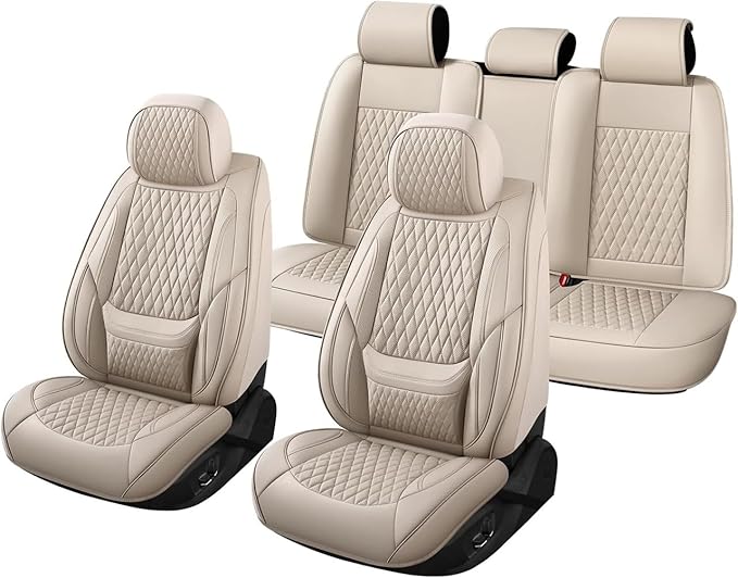 Car Seat Covers Full Set Custom Fit for Ford Explorer 2001-2026 - Premium Faux Leather with Lumbar Support | Breathable, Waterproof, Anti-Slip, Durable (Beige,Full Set)