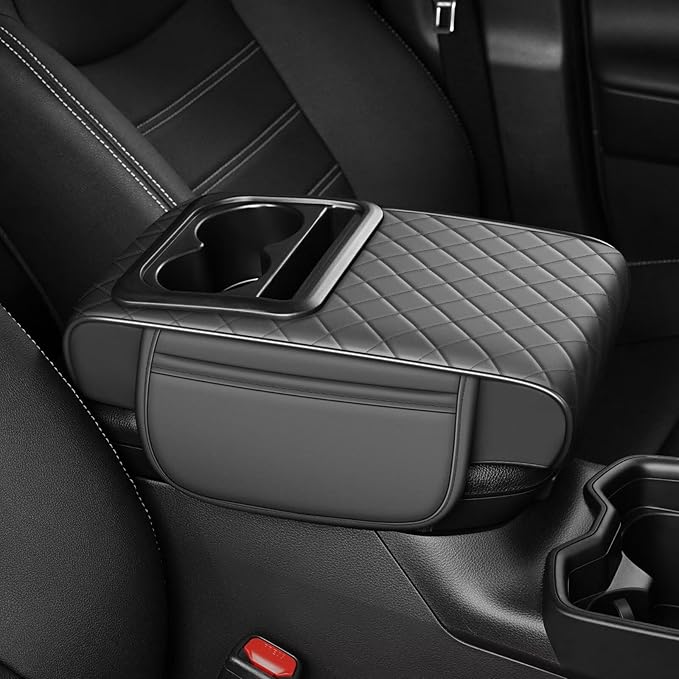 Center Console Cover Fit for Tacoma Faux Leather Car Armrest Cushion with Storage Bags, Cup Holder ＆ Phone Storage Multifunctional Middle Console Cover(Grey)