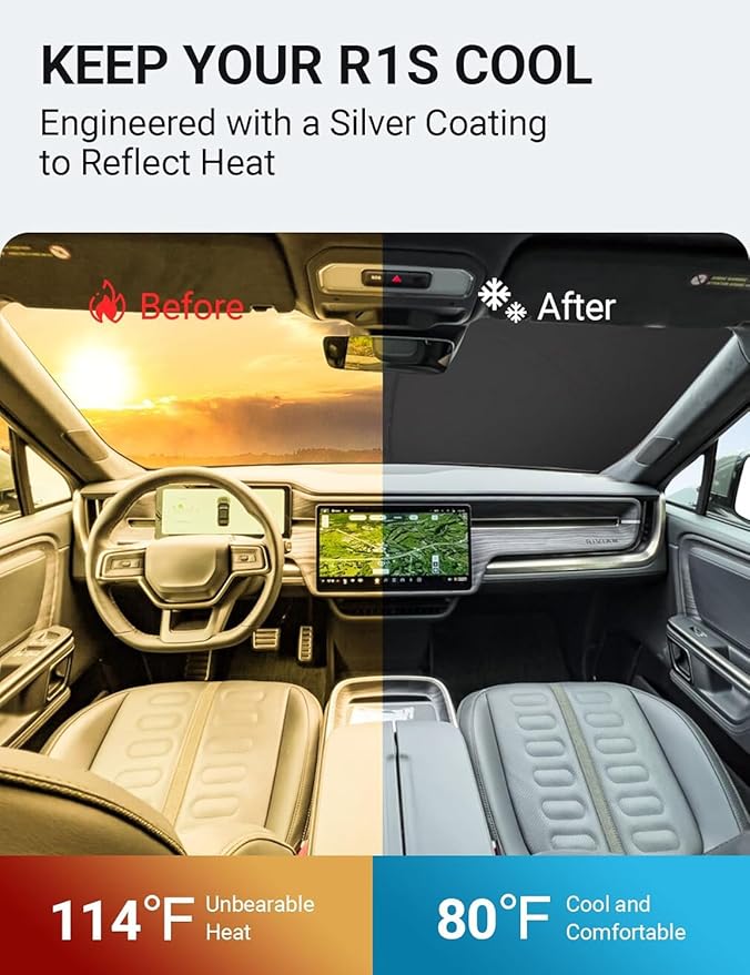 Proadsy Windshield Sun Shade for Rivian R1S 2022-2025 2026 4-Layer Foldable Front Sunshade Protector Sun Visor Blocks UV Rays Keep Car Cooler