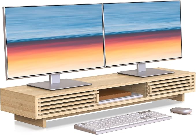 Dual Monitor Stand Riser with Sliding Door, Double Computer Laptop Stand Desk