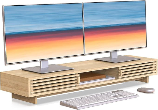 Dual Monitor Stand Riser with Sliding Door, Double Computer Laptop Stand Desk