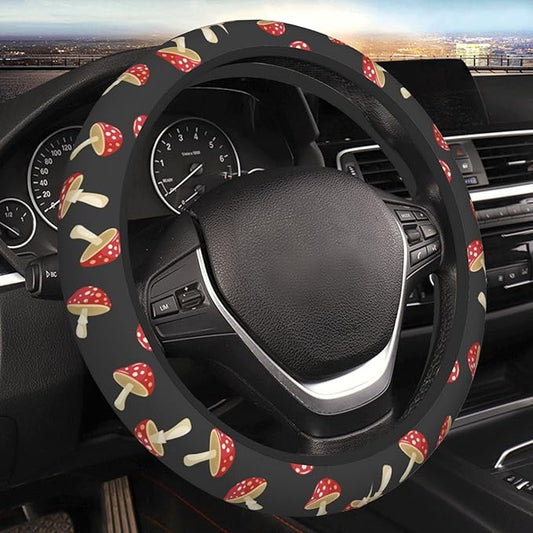 Cute Mushroom Steering Wheel Cover Women Men Elastic Stretch Soft Car Wheel Protector Universal Breathable No-Slip Car Accessories for Truck Van SUV Auto Fit 14-15 Inches