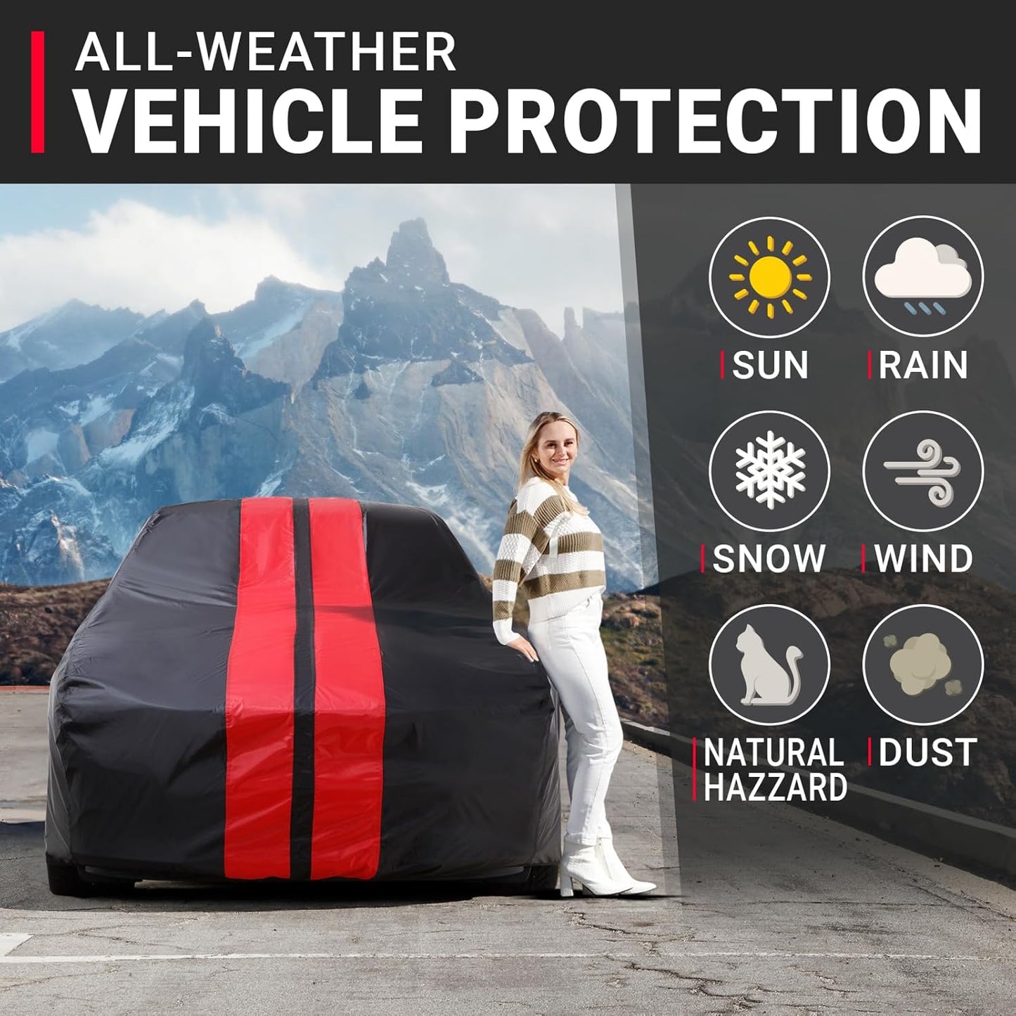 iCarCover Custom Car Cover for Pontiac Parisienne 2-Door (1971-1976) Waterproof All-Weather Rain Snow UV Sun Protector Full Exterior Indoor Outdoor Car Cover (Stripe - Black/Red)