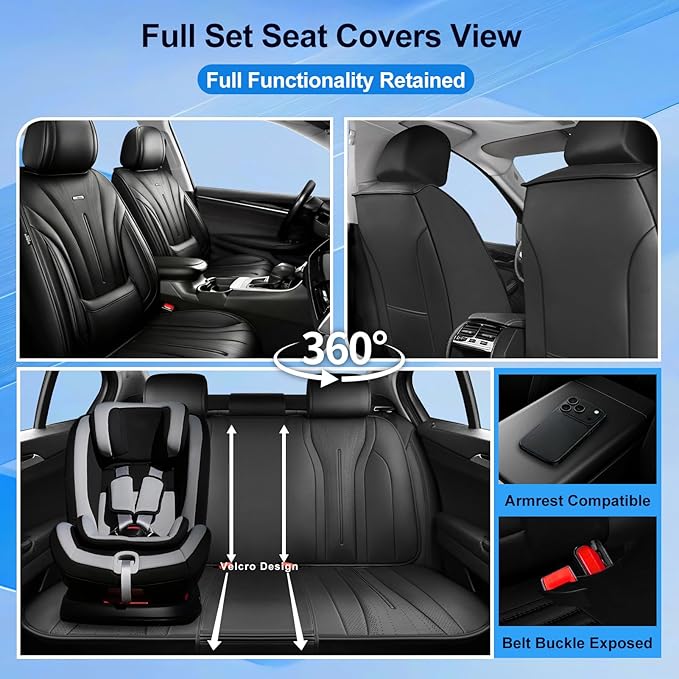 Fit CX-3 Car Seat Covers (Front Pair) for Select Mazda CX3 2016-2024, Premium Full Coverage Leather, Airbag Compatible, Waterproof All Weather Breathable Seat Protector, Black
