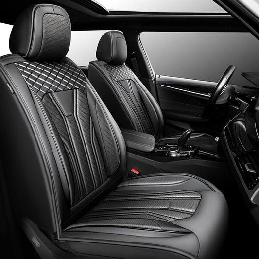 Fit Frontier Car Seat Covers Compatible with Nissan Frontier 2010-2025 2026 -Premium Leather， Waterproof Breathable， All-Weather Seat Cushion Protecto&Airbag Compatible (2 Front Seat All Black)