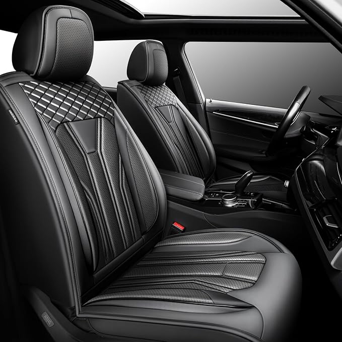 Fit Versa Car Seat Covers Compatible with Nissan Versa 2008-2025 2026 - Premium Leather， Waterproof Breathable， All-Weather Seat Cushion Protecto&Airbag Compatible (2 Front Seat All Black)