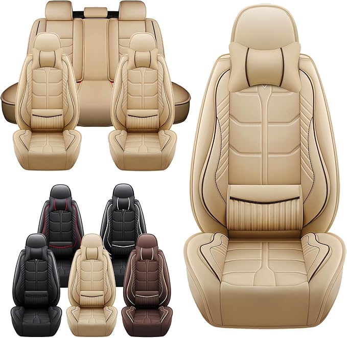 Leather Car Seat Covers Fit for Toyota Echo 2000-2005, 5 Seater Car Seat Cover, Premium Waterproof, Scratch Resistant Car Interior Accessories (Full Set with Pillow Beige)