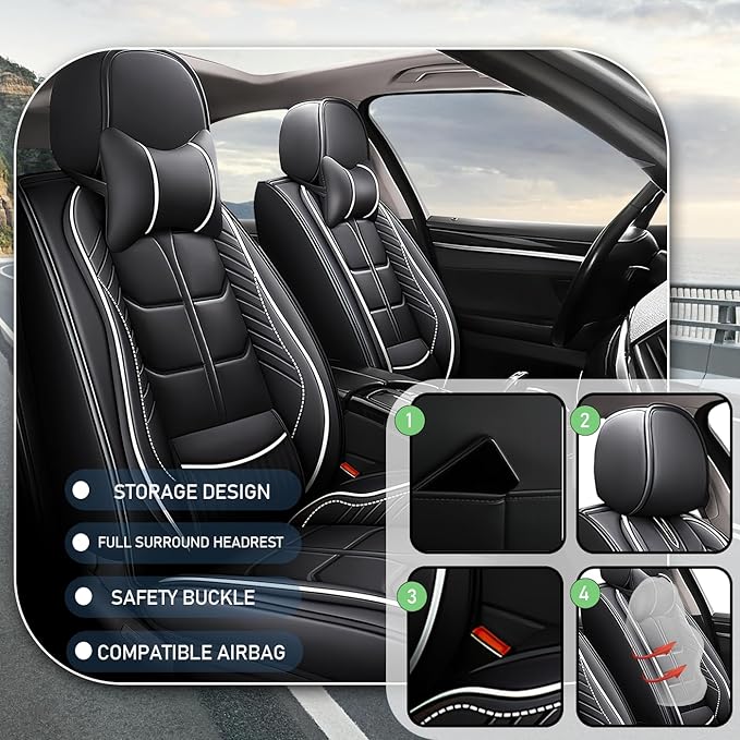 Leather Car Seat Covers Fit for Toyota Avalon 1996-2024, 5 Seater Car Seat Cover, Premium Waterproof, Scratch Resistant Car Interior Accessories (Full Set with Pillow Black White)