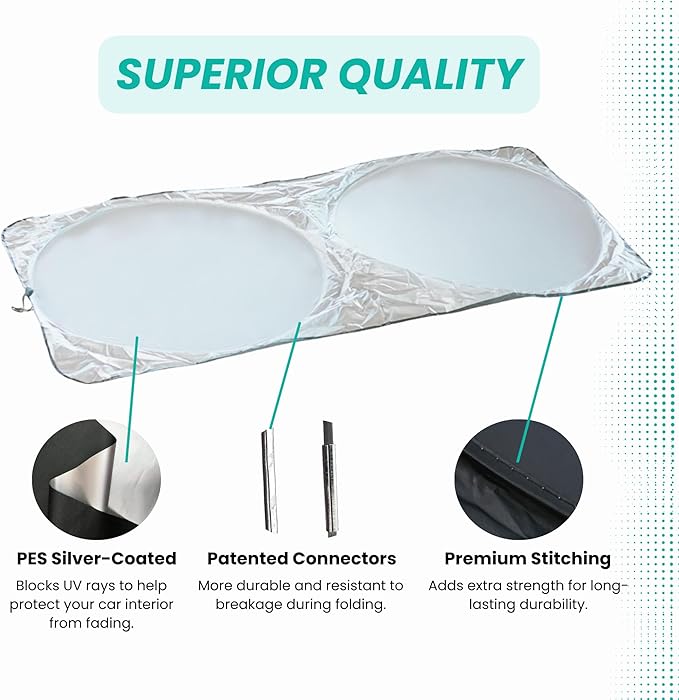 Windshield Sun Shade -Certified 99.87% UVB & 99.02% UVA Car Sun Shade. Award Winning Sunshade - Patented Technology | Compatible for Ford F-250 (2017-2022) | Car Shades by Kinder Fluff