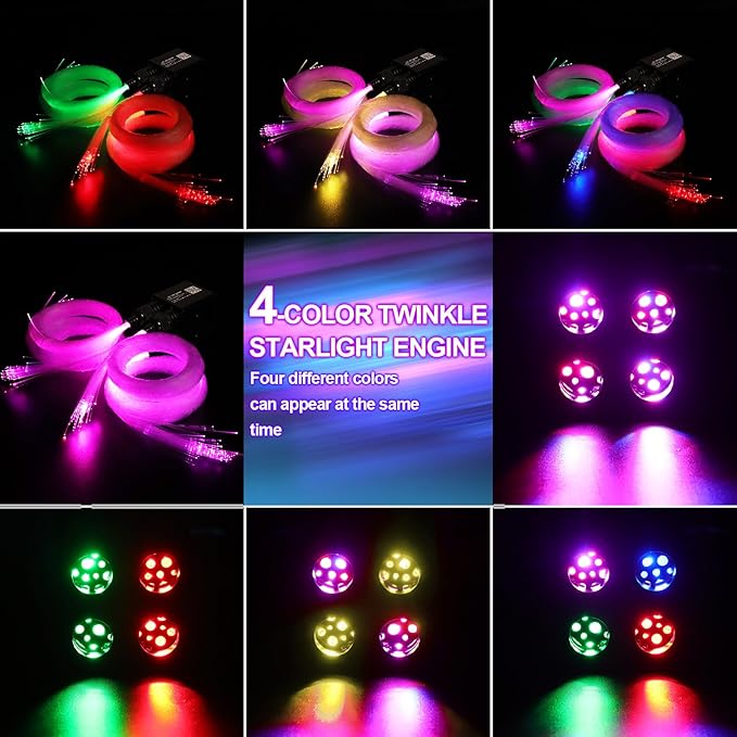 36W 4-Color RGBW Car Starlight Headliner Kit, 1200pcs0.03in13.1ft, Twinkle & Sound Activate 4-Port Fiber Optic Light Engine with Bluetooth APP&Remote Control, Star Lights for Car and Home