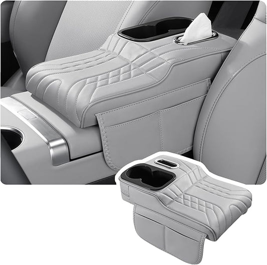 Car Armrest Storage Box for Cadillac XT4 2018–2025 2020 2021 2022 2023 2024, Sport-Style Center Console Organizer with Side Pocket, PU Leather Armrest Cushion, Elbow Support Pad,C Grey