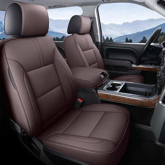 Coverado Chevy Silverado Seat Covers, Leather Car Seat Covers Custom Fit for Chevy Silverado GMC Sierra 2014-2018 1500, 2015-2019 2500HD 3500HD (Full Set, Brown)