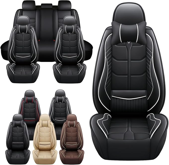 Leather Car Seat Covers Fit for Toyota Avalon Hybrid 2013-2024, 5 Seater Car Seat Cover, Premium Waterproof, Scratch Resistant Car Interior Accessories (Full Set with Pillow Black White)