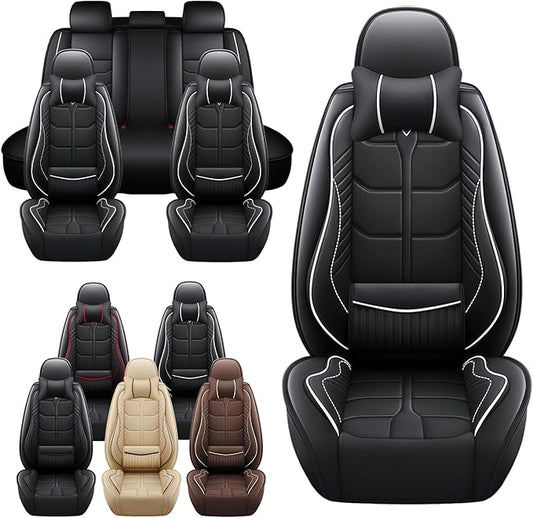 Leather Car Seat Covers Fit for Toyota Yaris Sedan 2019-2020, 5 Seater Car Seat Cover, Premium Waterproof, Scratch Resistant Car Interior Accessories (Full Set with Pillow Black White)
