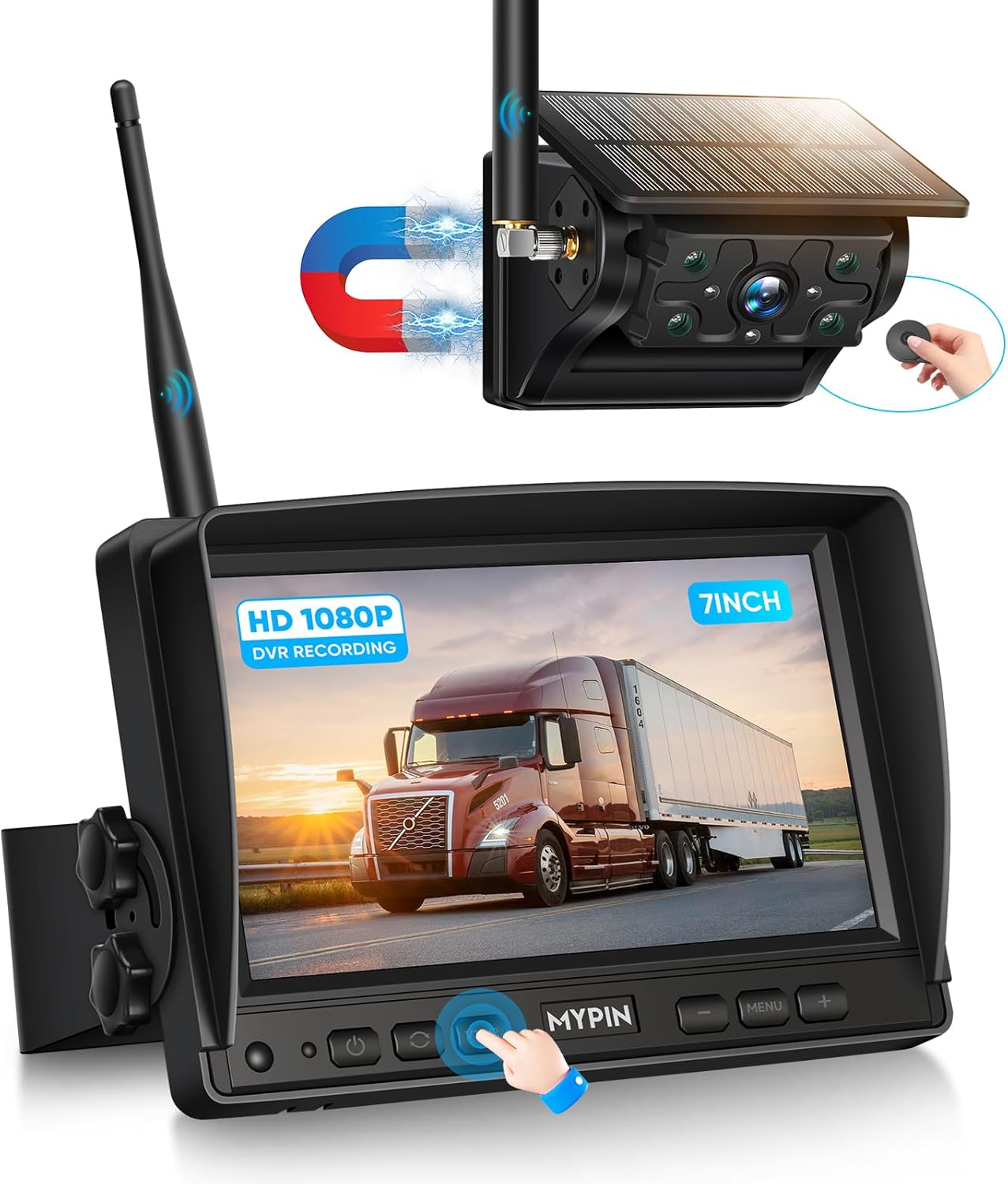 Solar Wireless Magnetic Backup Camera, 9900mAh Battery Powered Rechargeable IP69 Waterproof HD Back Up Rear View Remote Control Camera with 7 Inch 1080P Monitor System for Car Truck Trailer RV VN003