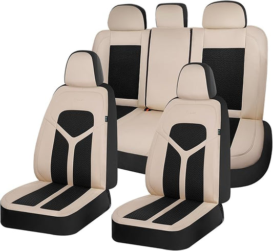 FLORICH Car Seat Covers Full Set, Universal Seat Cover 5 Seats, Automotive Seat Covers with Mesh Leather, Waterproof Car Seat Protector, Breathable Car Seat Cushion for Most Car SUV Truck, Beige