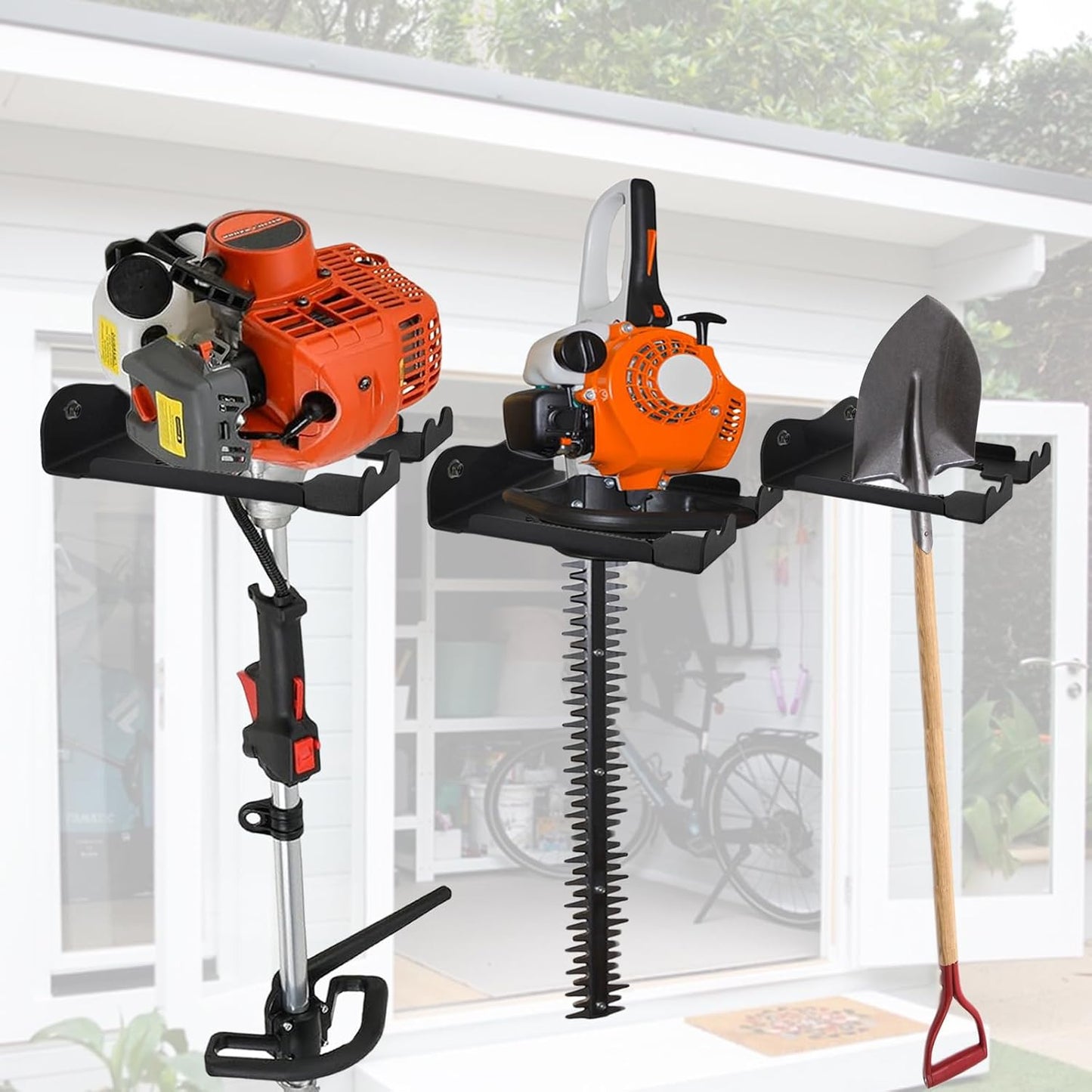 2PCS Garage Organizer Trimmer Rack, Heavy Duty Weeder Eater Hanger Trimmer Hanger, Weedeater Hangers for Garage Wall, Garden Tool Organizer, Tool Hangers for Garage Wall, Black Metal