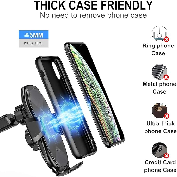 Wireless Car Charger,15W Qi Fast Charging Auto-Clamping Air Vent Windshield Dashboard Car Phone Mount,Long Arm Suction Cup Holder for iPhone Samsung LG