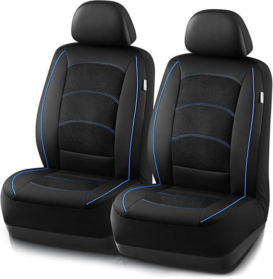 Road Comforts Car Seat Covers, Leather Front Seat Covers with Piping, Air-Cool Mesh Designed, Airbag Compatible Automotive Seat Covers for Most Car, Truck, Van, SUV - Black with Blue Piping