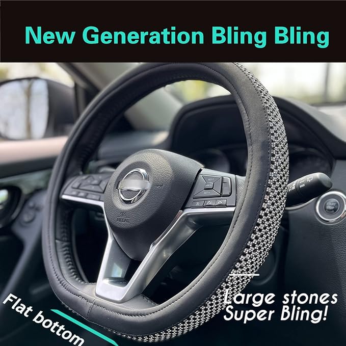 PINCTROT D Shaped Bling Comfy Steering Wheel Cover with Jumbo Crystal Rhinestones, Anti-Slip Diamond Leather, Flat Bottom 14.5-15 Inch (Black)