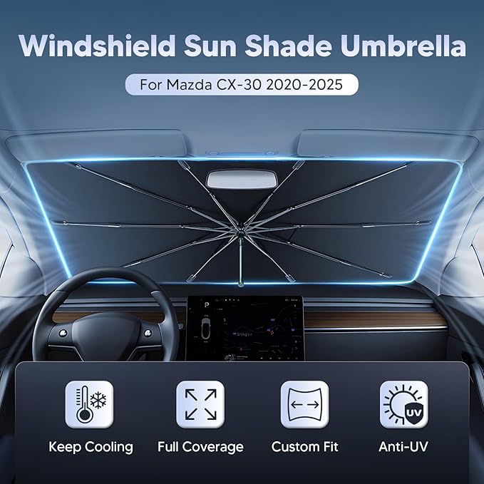 Autorder Windshield Sun Shade Umbrella for 2020-2025 Mazda CX-30 CX30 Accessories,Upgraded Ice Crystal Material,Easy Setup Umbrella Sunshade for Car Windshield,100% Sun Blocking