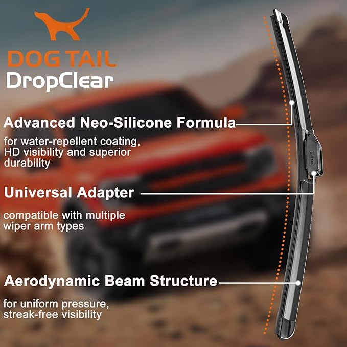 DOG TAIL Water Repellent Silicone Wiper Blades 26" 22" Set with Multiple Adapters and 2 Refills, Automotive Replacement Front Windshield Wiper Blades for My Car with Water Repellency Formula DropClear