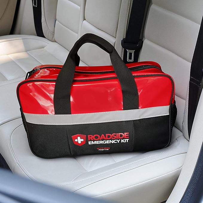 Kitgo Car Emergency Kit,Premium Roadside Assistance Essentials with Jumper Cables, Flashlight, Shovel, Screwdriver Set - Ideal Auto Road Safety Kit, Survival, Truck, RV and More Gift for Father (Red)
