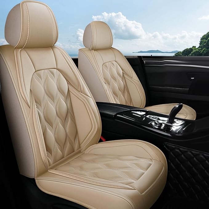 AOMSAZTO 2 Front Seat Covers Fit for Jeep Grand Cherokee 2005-2025 2026 | Waterproof Faux Leather Car Seat Cushions Cover (Beige)