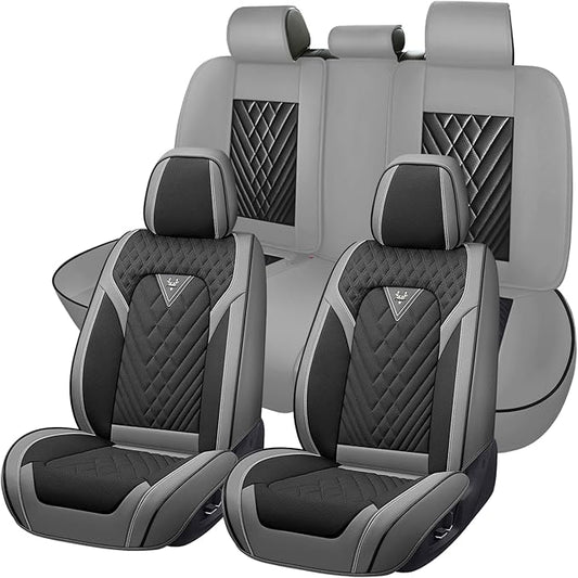 Truck Seat Covers for GMC Sierra 3500 2007-2026, Waterproof Premium Leather Full Coverage Car Seat Cover, Muscle Sport Style Auto Interior Seat Cover Sets (Full Set/Gray Black)