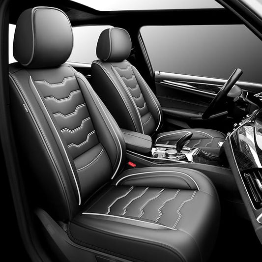 Fit Kona Car Seat Covers for Select Hyundai Kona 2018-2025 2026. Premium Leather, Waterproof， Breathable, Scratch-Resistant & All-Weather Seat Cushion Protector (Front Pair,White Line Black)