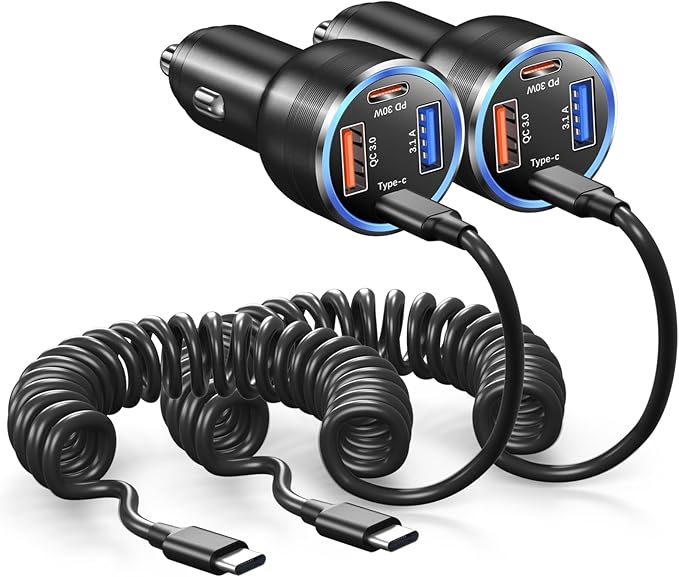 65W Super Fast Type C Car Charger for Samsung Galaxy S26 S25 S24 S23 S22 Ultra, 2Pack 4-Port USB C Car Charger for Samsung A13 A14 A16 A17 A03S A10E S20FE Android Car Adapter+5FT Type C Coiled Cable