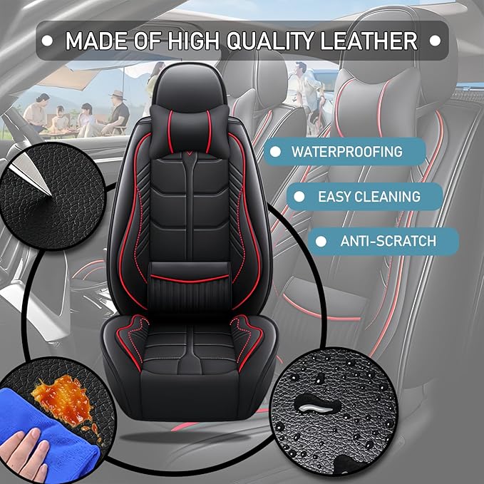 Leather Car Seat Covers Fit for Toyota C-HR CHR 2018-2024, 5 Seater Car Seat Cover, Premium Waterproof, Scratch Resistant Car Interior Accessories (Full Set with Pillow Black Red)