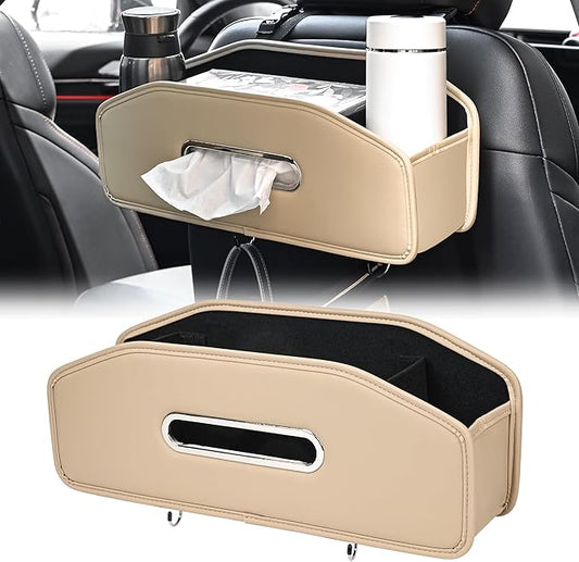 JEYODA Car Seat Back Organizer with 2 Drink Cup Holder,Car Tissue Holder and Storage Box Hook, 3 in 1 Multifunctional Storage for Food Drink Phone, Travel Accessories (Beige)